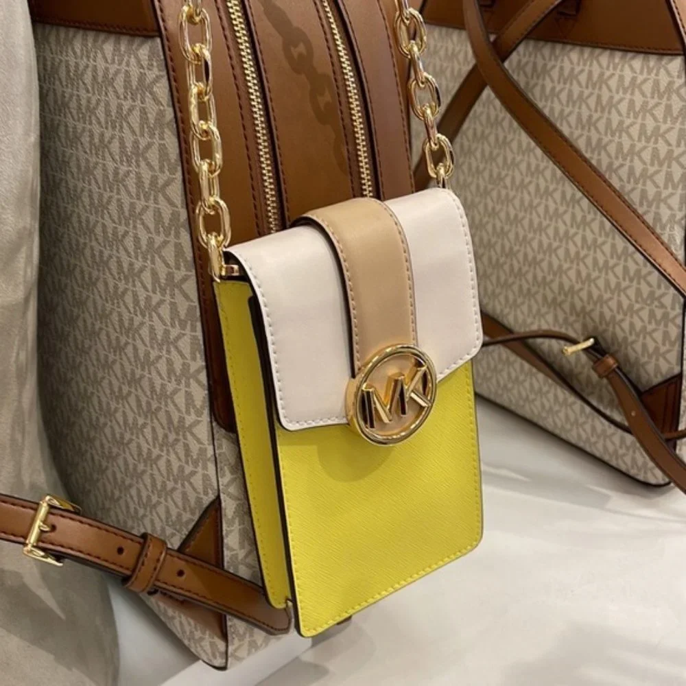 Michael Kors Carmen Small Color-Block Faux Leather Phone Crossbody Bag Sunshn - Picture 1 of 16